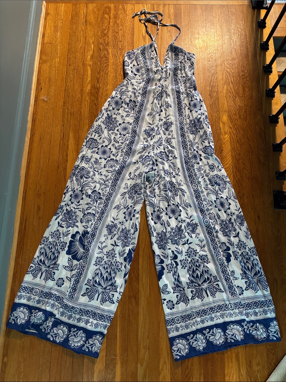 Angie White and Blue Floral Halter Jumpsuit